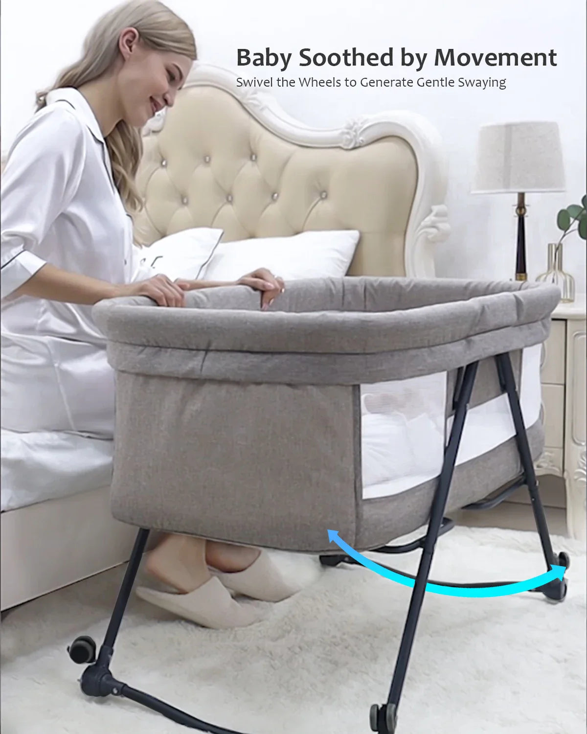 Compact baby travel crib that converts to a rocker bassinet, featuring silent wheels for easy movement.