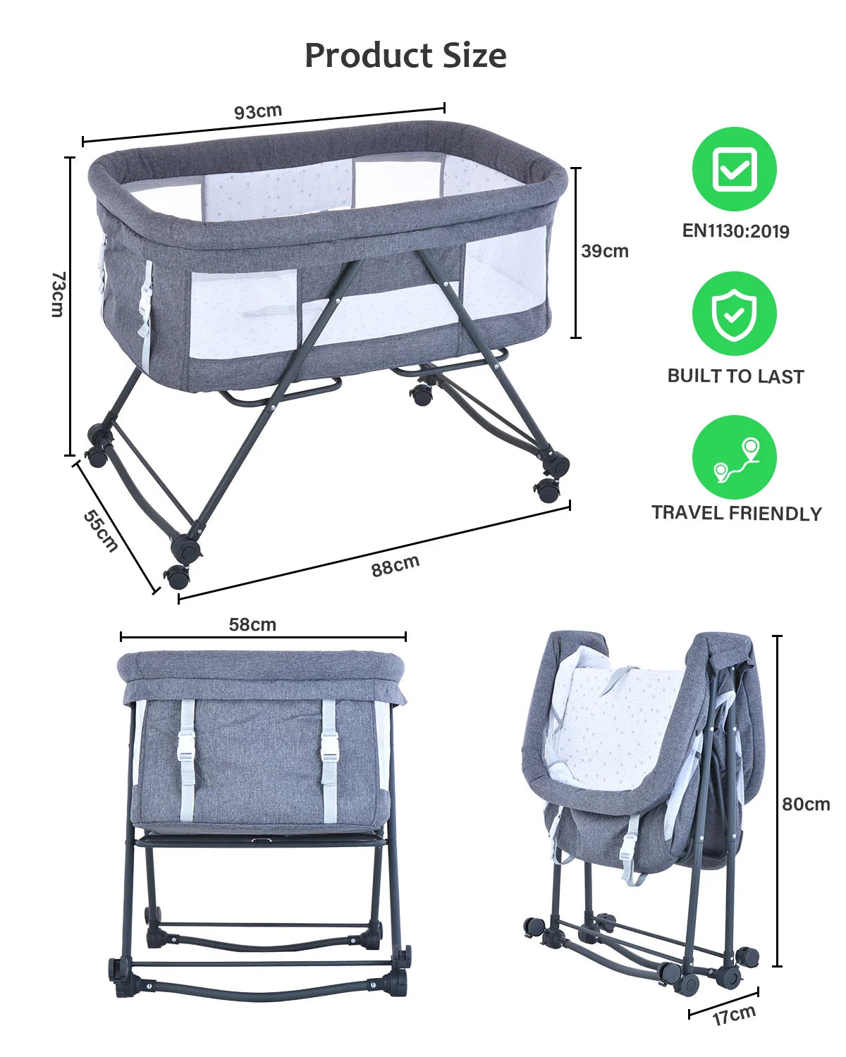 Secure infant bed and portable bassinet with breathable mesh sides, offering comfort and safety.