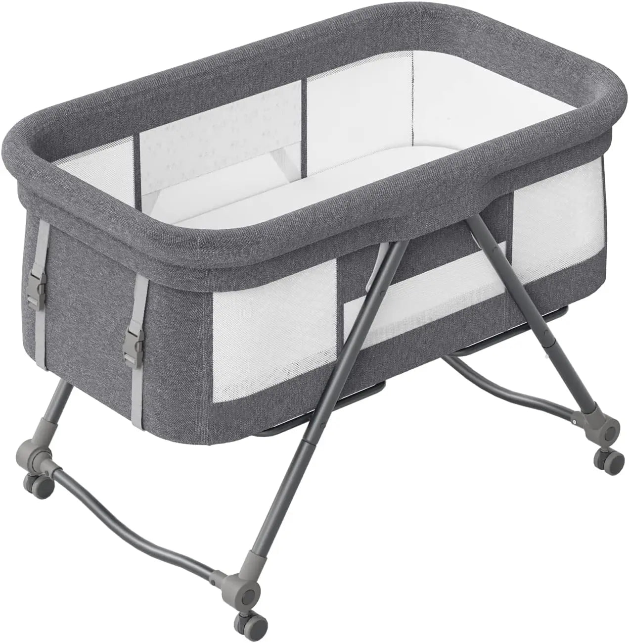 Co-sleeper rocker bassinet & travel crib, designed for baby's comfort with silent wheels.
