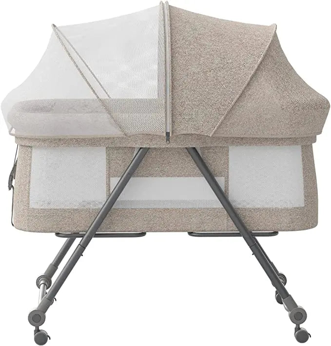 Adjustable foldable baby crib with rocker, a portable and safe sleep environment for infants.