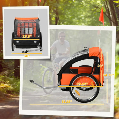 Foldable kids bike trailer with safety harness, weather canopy for cycling adventures with children