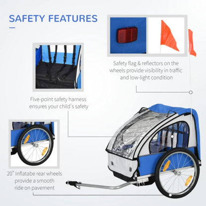 Kids bike trailer in bright colors with safety harness, high visibility, ready for family outdoor cycling