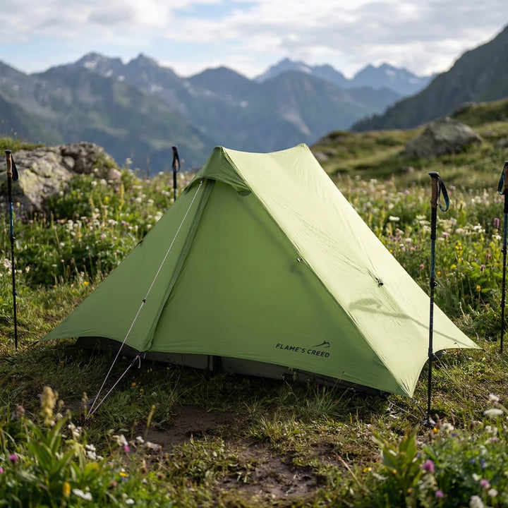 2-person ultralight trekking pole tent for backpacking, hiking & camping. Compact outdoor shelter.
