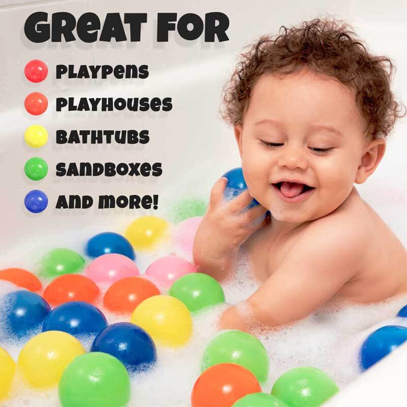 A large mesh bag filled with 200 assorted color play pit balls, ready for kids' indoor/outdoor play.