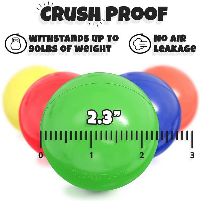Brightly colored 200-pack of durable pit balls spilling from a container onto a play mat.