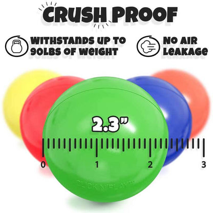 Brightly colored 200-pack of durable pit balls spilling from a container onto a play mat.