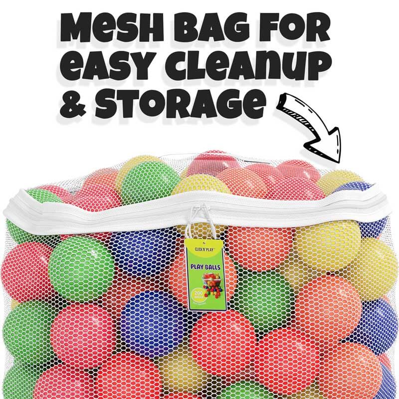 Image showcasing the quality and size of 200 uniform, safe play pit balls for children's activities.