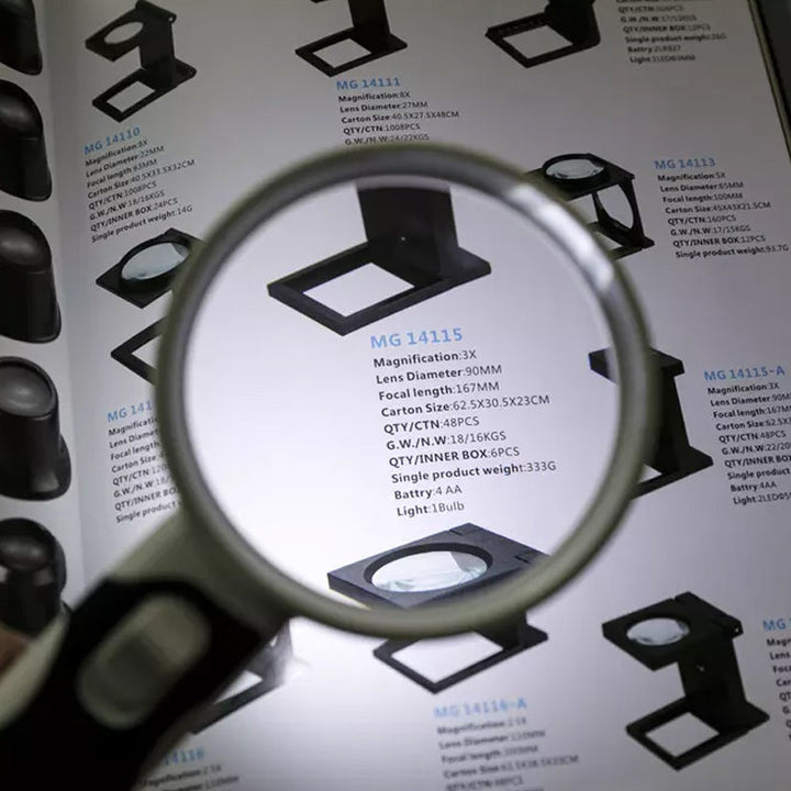 Bright LED 20X optical tool, a handheld magnifier for enhanced vision and reading.