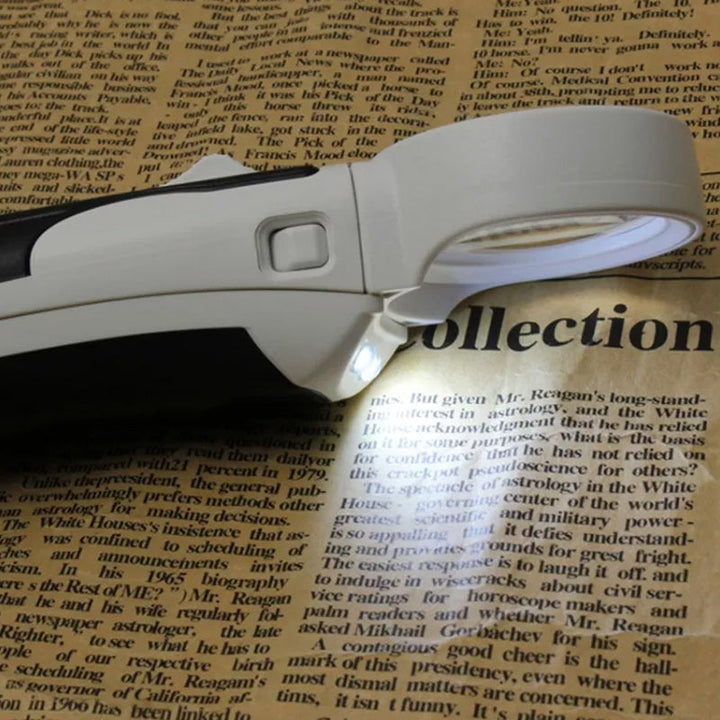 Portable 20X LED handheld magnifying glass for on-the-go reading and inspection.