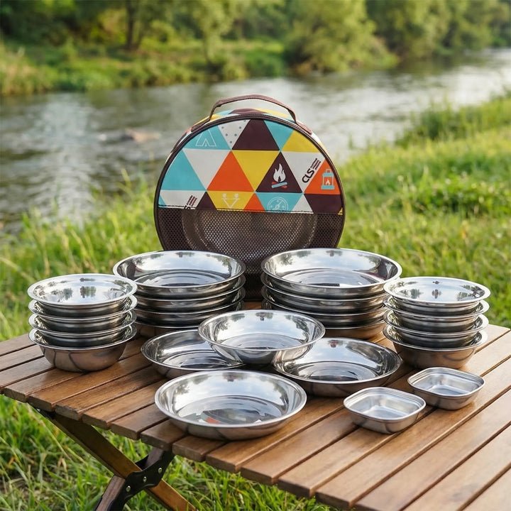 22-piece portable outdoor dining set for family camping & picnics. Metal dishes, travel dinnerware, compact kitchen.