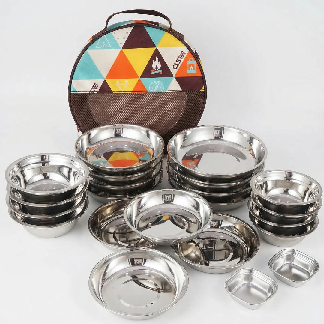 Compact 22-piece metal dinnerware set for camping & picnics. Includes plates, cups & cutlery, ideal for outdoor dining.