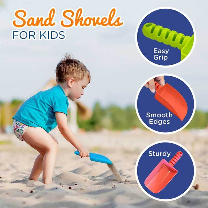 Assorted plastic sand shovels for children, ideal for sandboxes, beach, party favors