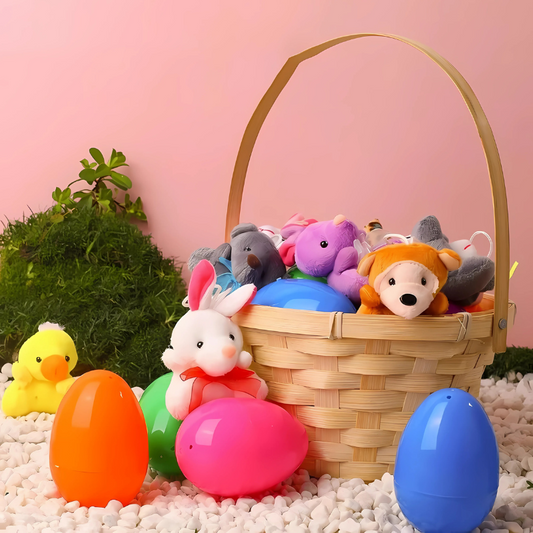 24 pack of colorful plush animal Easter eggs, perfect for kids' egg hunts and party favors