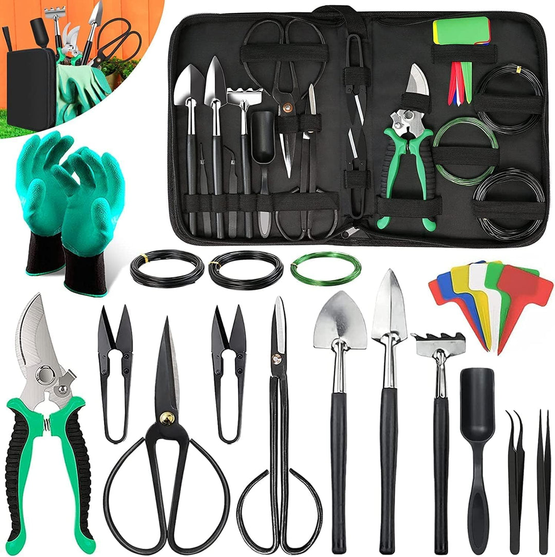 24-piece bonsai tree care kit by Sevora, featuring high-carbon steel tools in a stylish PU leather bag for pruning.