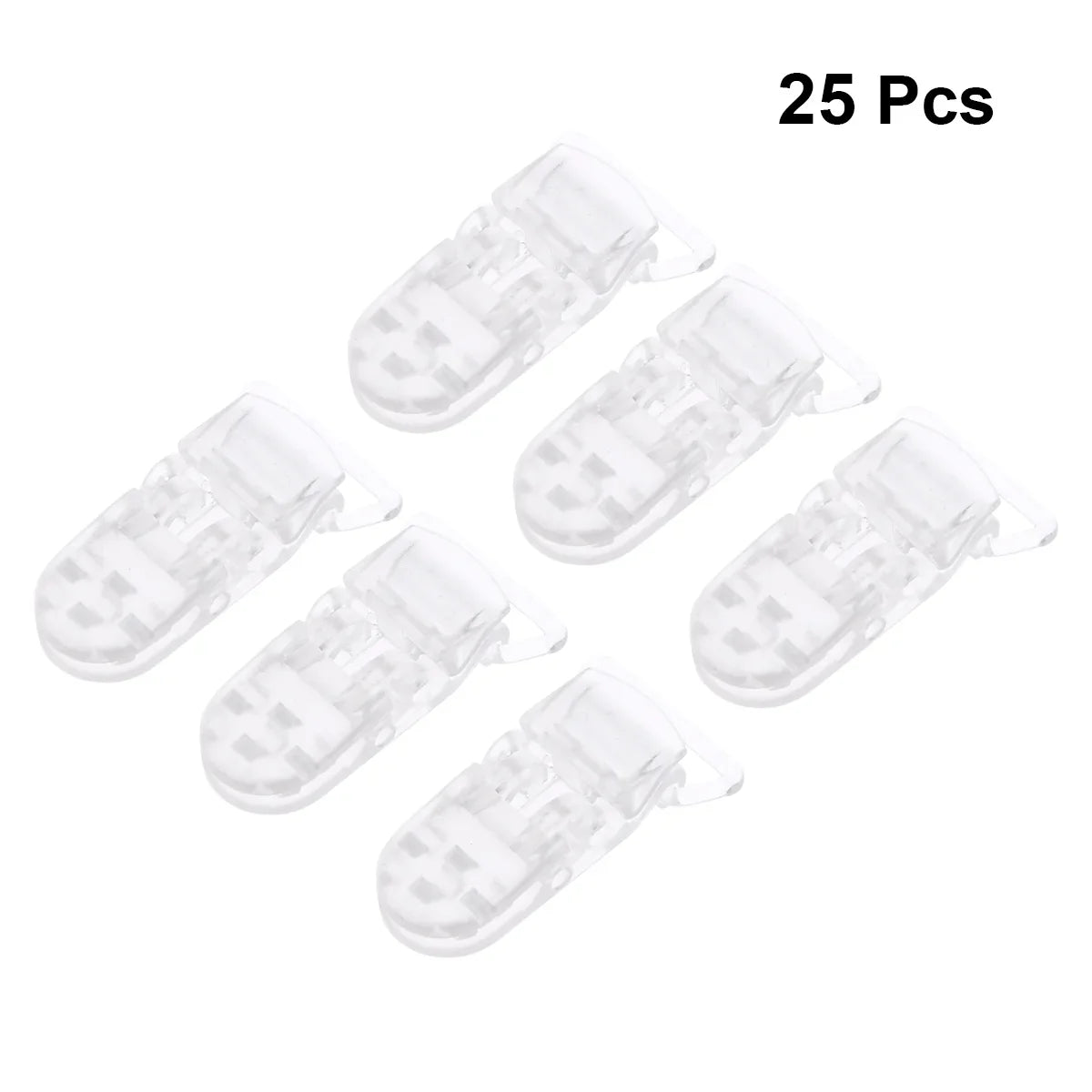 Bulk pack of 25 transparent T-clip pacifier holders, perfect for nurseries and craft projects