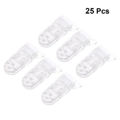 Bulk pack of 25 transparent T-clip pacifier holders, perfect for nurseries and craft projects