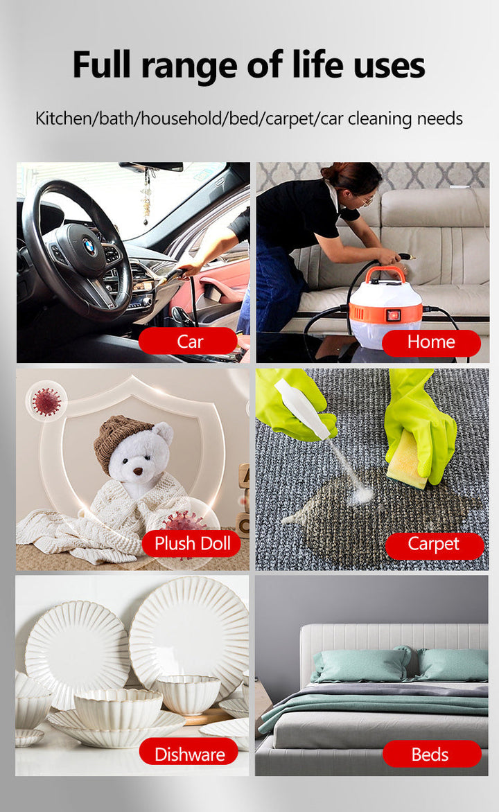 Auto detailing with 2800W high-pressure steam cleaner for deep cleaning car interiors & exteriors.