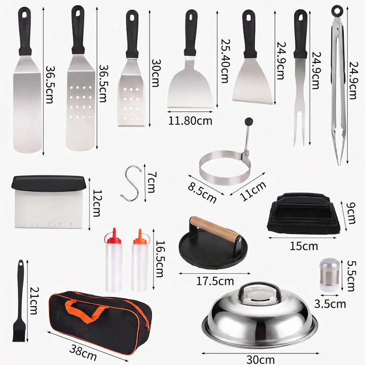 Complete 29-piece professional grilling tool set, essential stainless steel accessories for any outdoor BBQ chef.