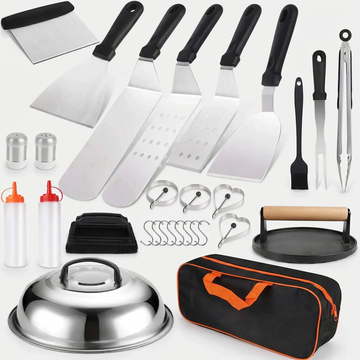 Grill master's dream: 29-piece professional stainless steel BBQ utensil set, ideal for outdoor cooking and griddle.