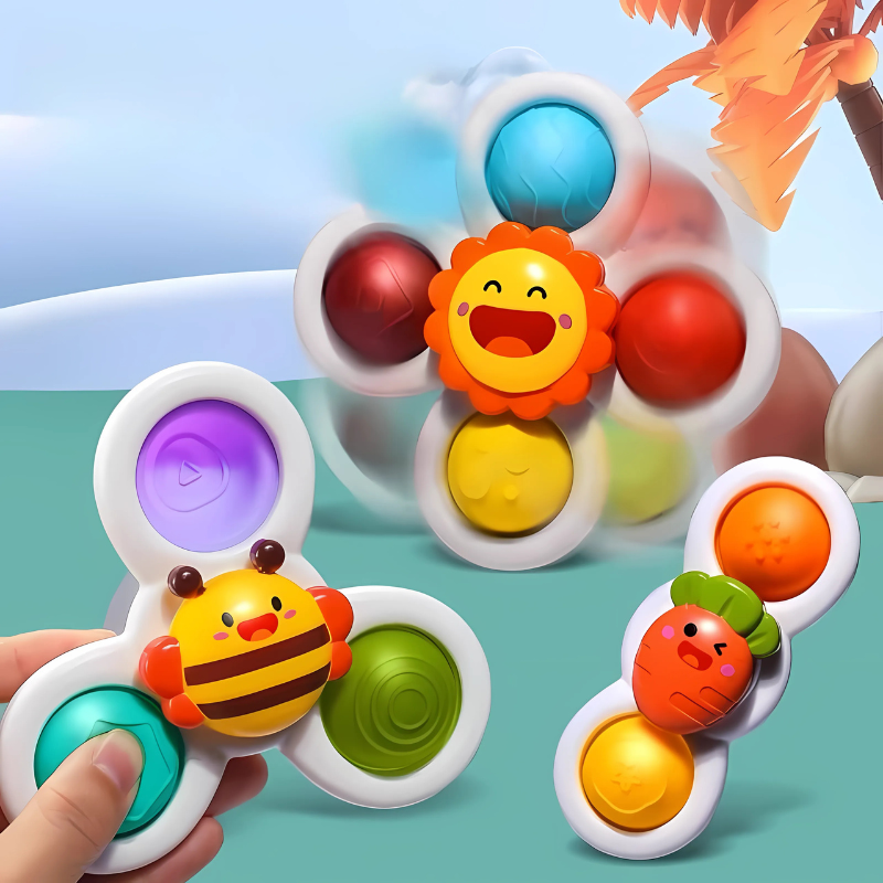3 colorful baby sensory spinner toys with suction bases, designed for infant fine motor skill development.