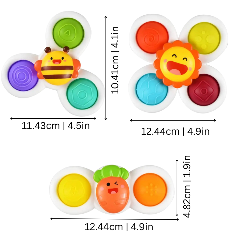 Close-up of a vibrant baby sensory spinner with textured rattles and a strong suction base for early learning.