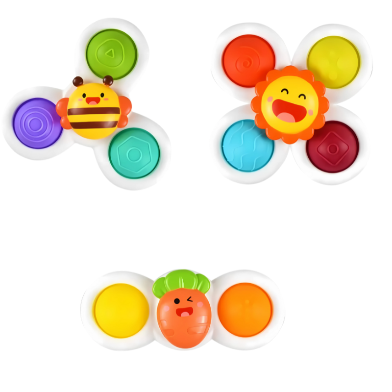 Set of three infant suction spinner toys in various colors, promoting sensory exploration for babies 0-3 years.
