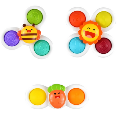 Set of three infant suction spinner toys in various colors, promoting sensory exploration for babies 0-3 years.