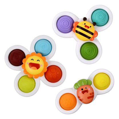3 colorful educational spinning tops with suction cups for infants, sensory play & learning