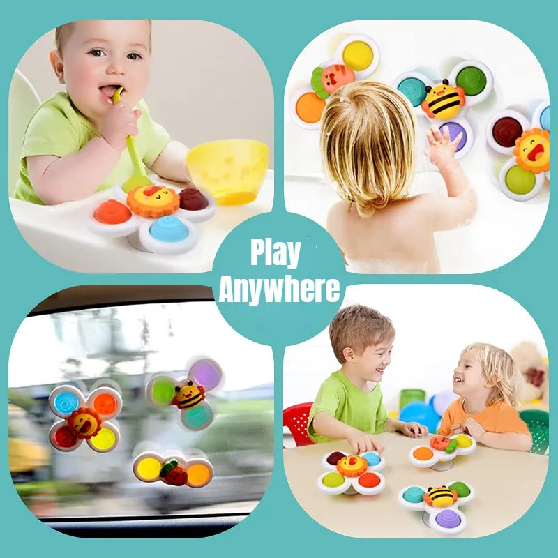 Red educational spinning top with suction base, perfect for sensory play in babies