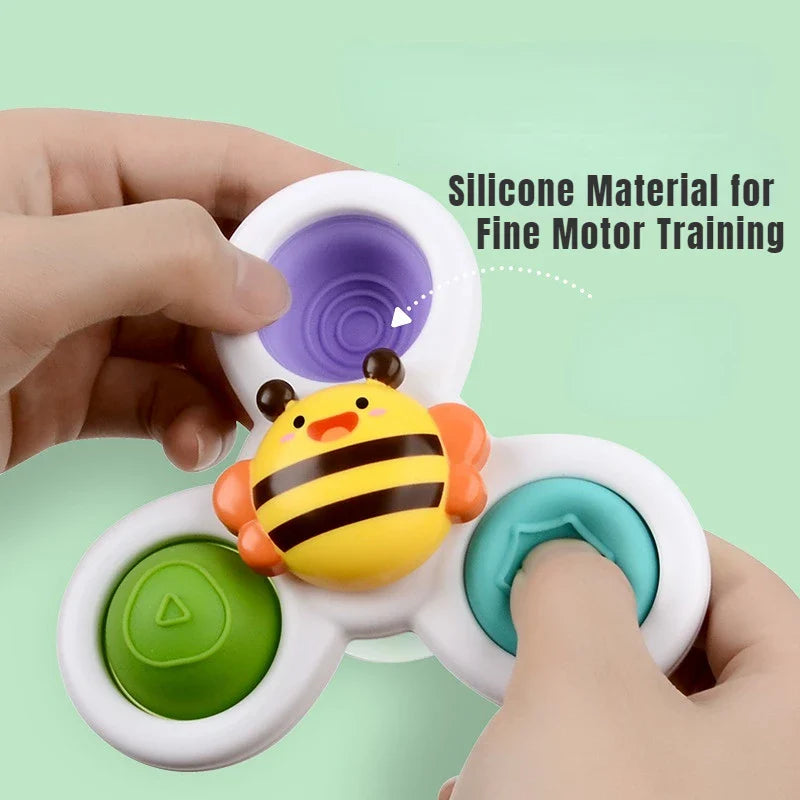 Set of 3 vibrant suction cup spinning tops, ideal bath toys for toddlers & baby development