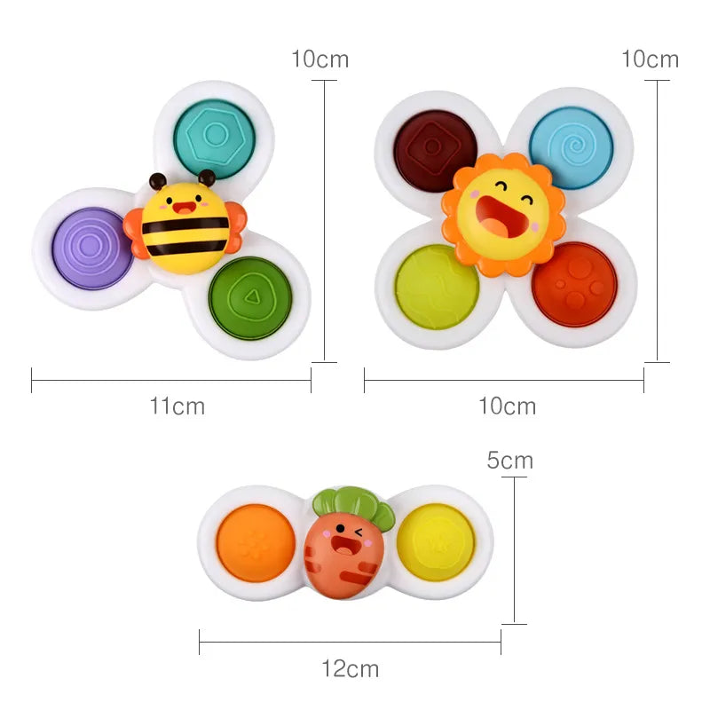 Educational spinning top suctioned to a window, providing sensory stimulation for infants