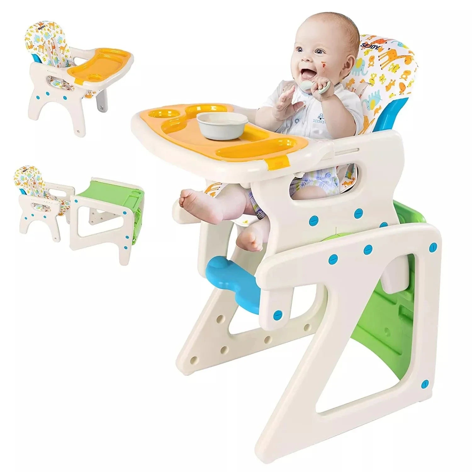 3-in-1 adjustable baby high chair with reclining seat & double tray for versatile feeding