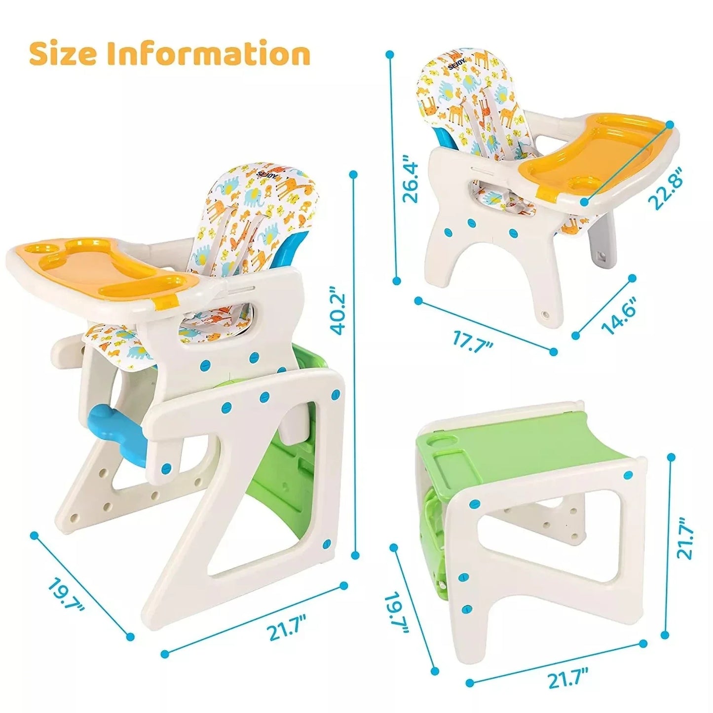 Child feeding solution: adjustable high chair with reclining seat, easy to clean double tray