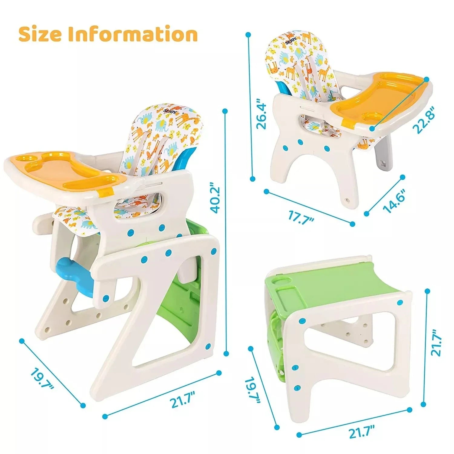 Child feeding solution: adjustable high chair with reclining seat, easy to clean double tray