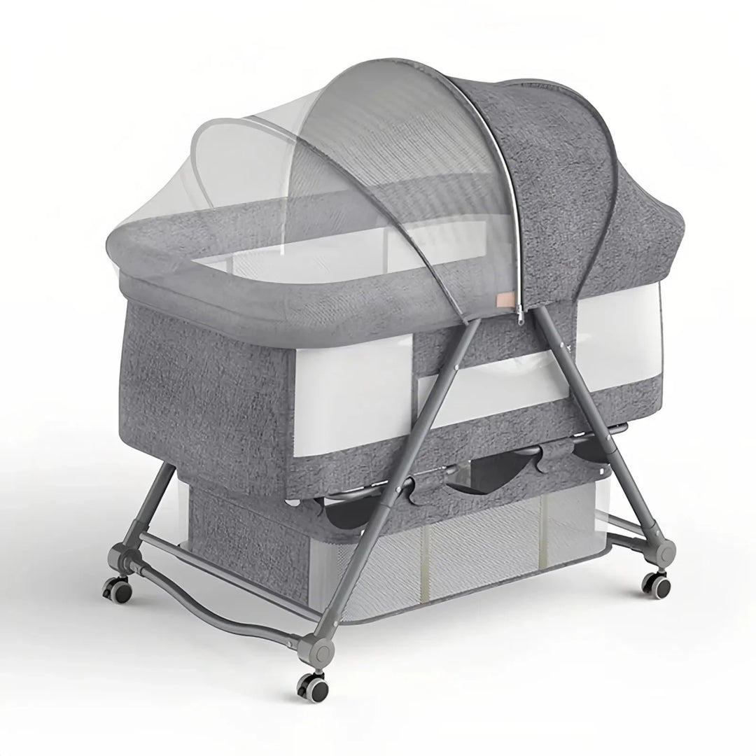 Adjustable height baby bassinet, a safe newborn sleeper that fits next to parent's bed. Essential baby gear.