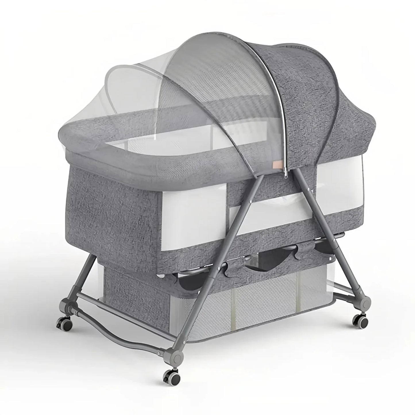 Adjustable height baby bassinet, a safe newborn sleeper that fits next to parent's bed. Essential baby gear.