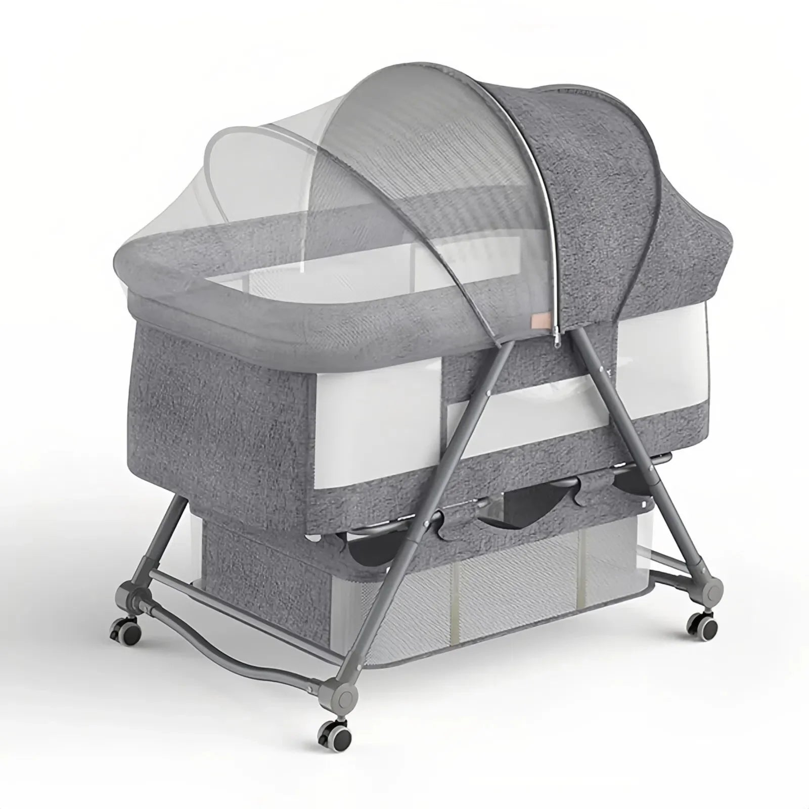 Adjustable height baby bassinet, a safe newborn sleeper that fits next to parent's bed. Essential baby gear.