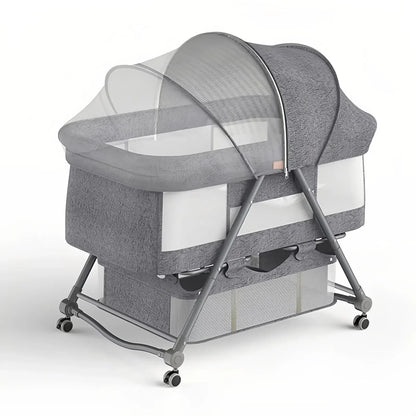 Adjustable height baby bassinet, a safe newborn sleeper that fits next to parent's bed. Essential baby gear.