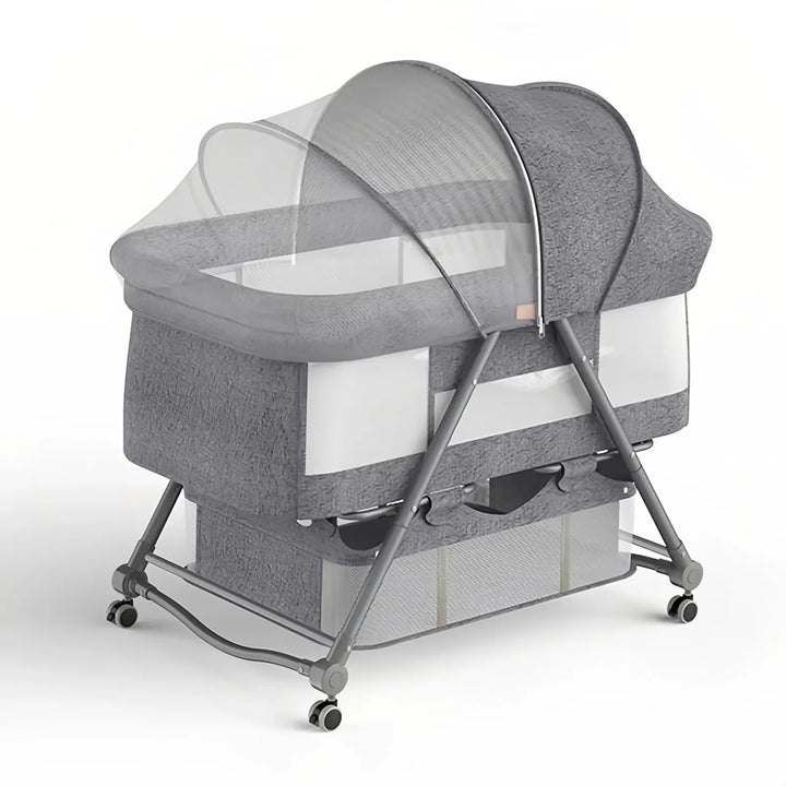 Adjustable height baby bassinet, a safe newborn sleeper that fits next to parent's bed. Essential baby gear.