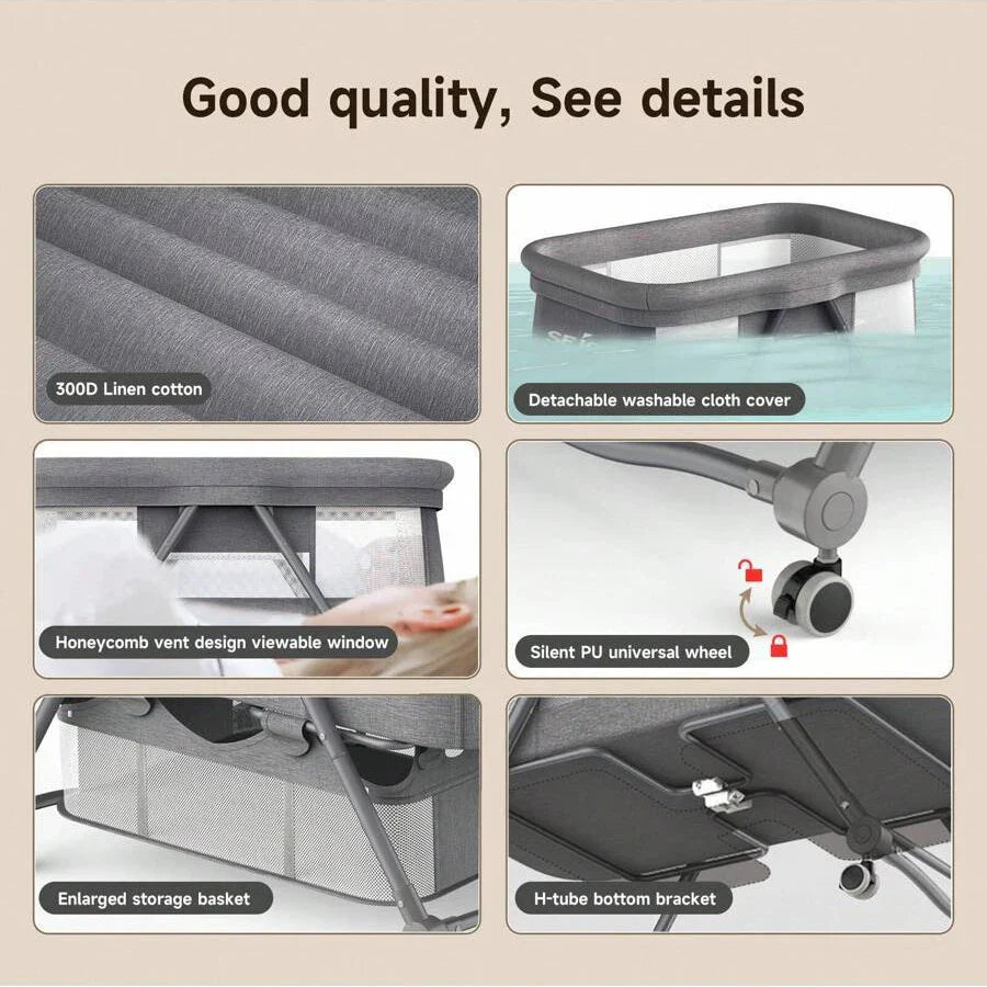 Versatile 3-in-1 baby crib, converts from bassinet to rocking sleeper to portable travel bed for infants.