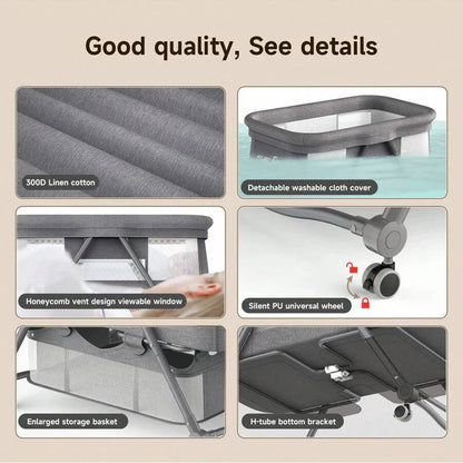 Versatile 3-in-1 baby crib, converts from bassinet to rocking sleeper to portable travel bed for infants.