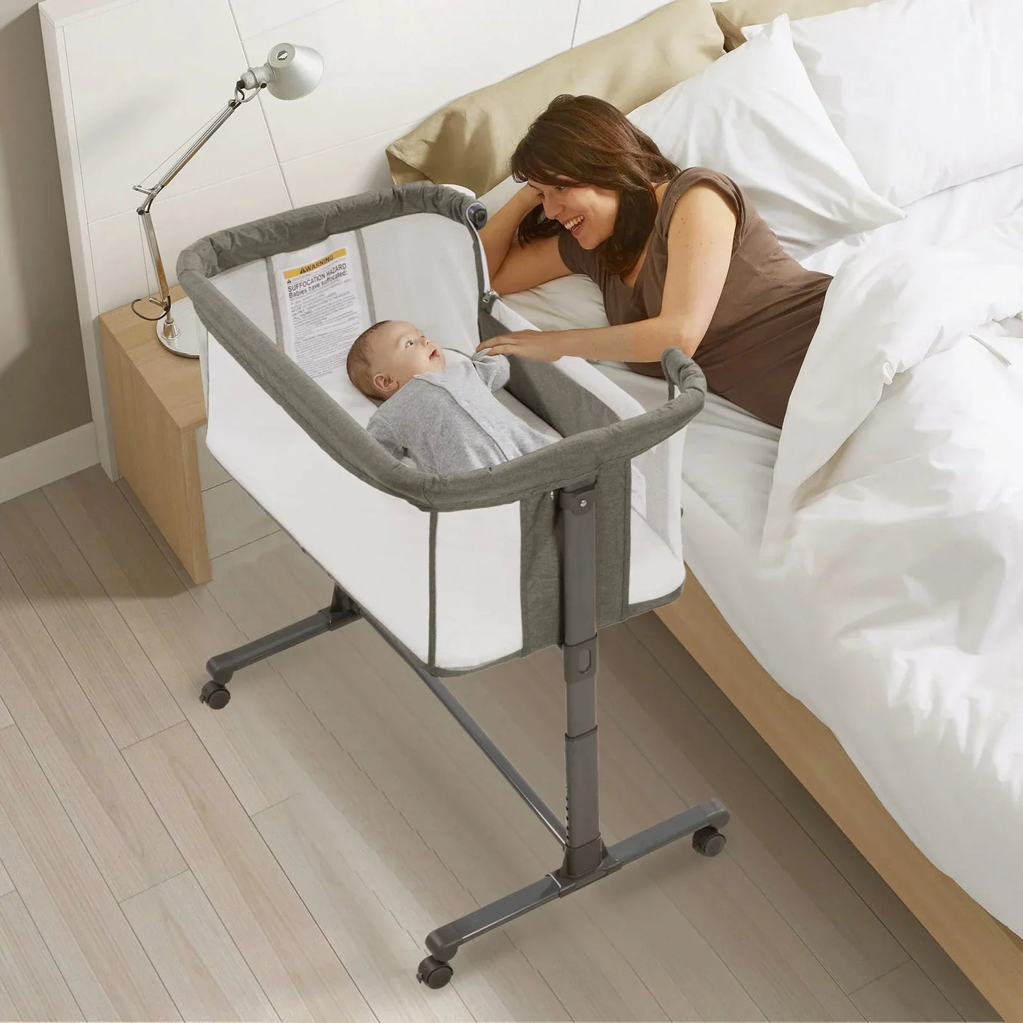 3-in-1 baby bedside sleeper with adjustable height, soft mattress, and breathable mesh