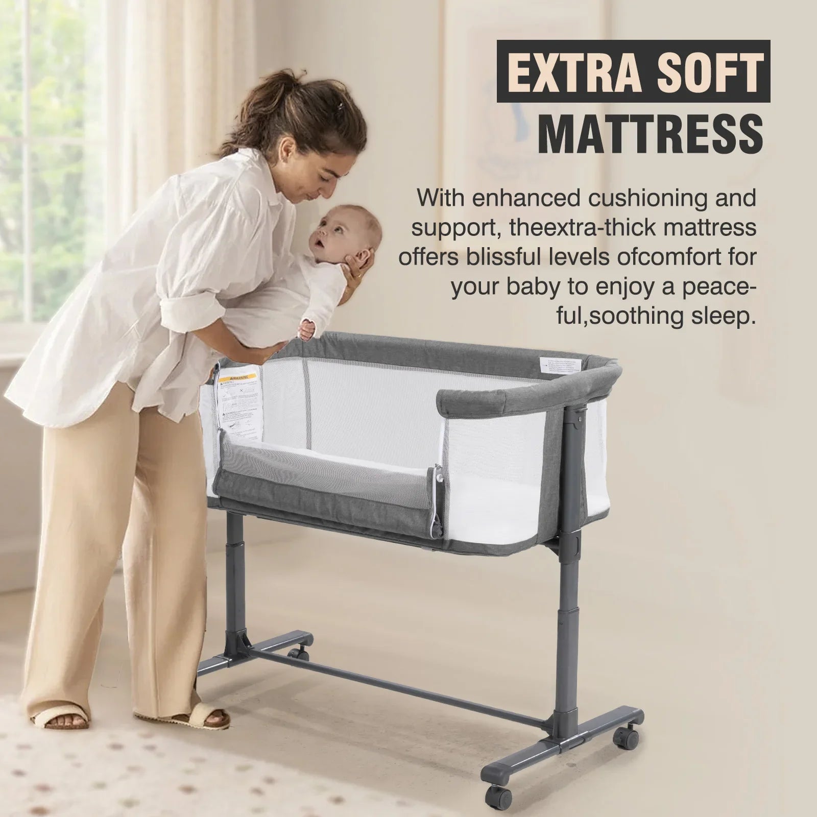 Co-sleeper crib for newborns with an adjustable height feature and secure attachment straps