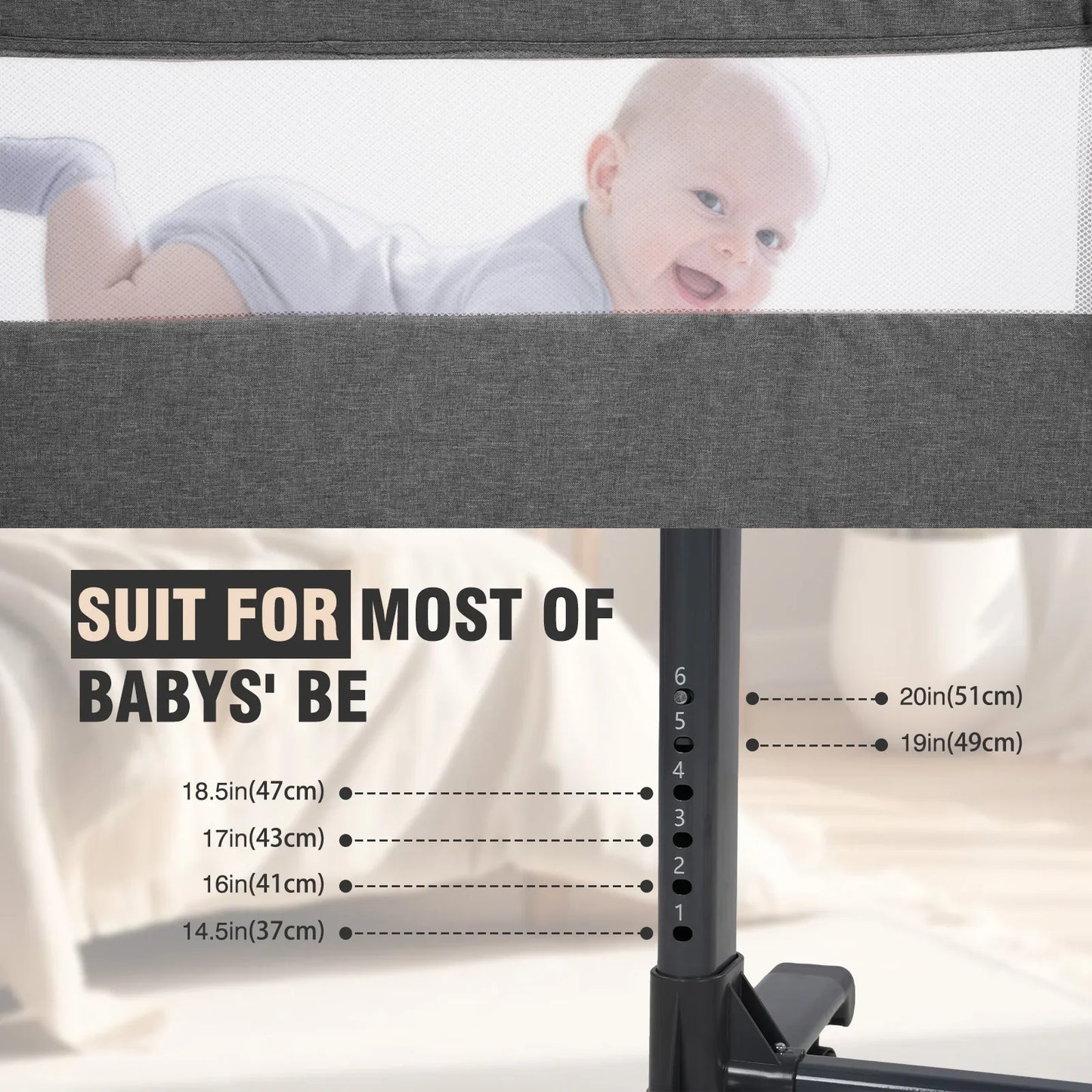 Baby bassinet with adjustable height, perfect for bedside use and co-sleeping parents