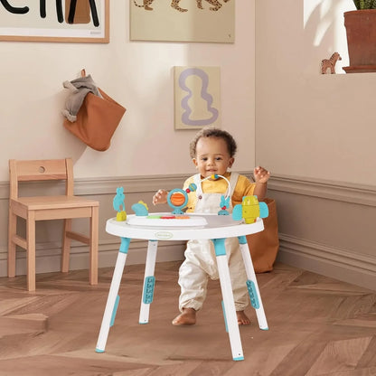 Toddler play table and baby jumper with adjustable height, featuring a 360-degree rotating seat