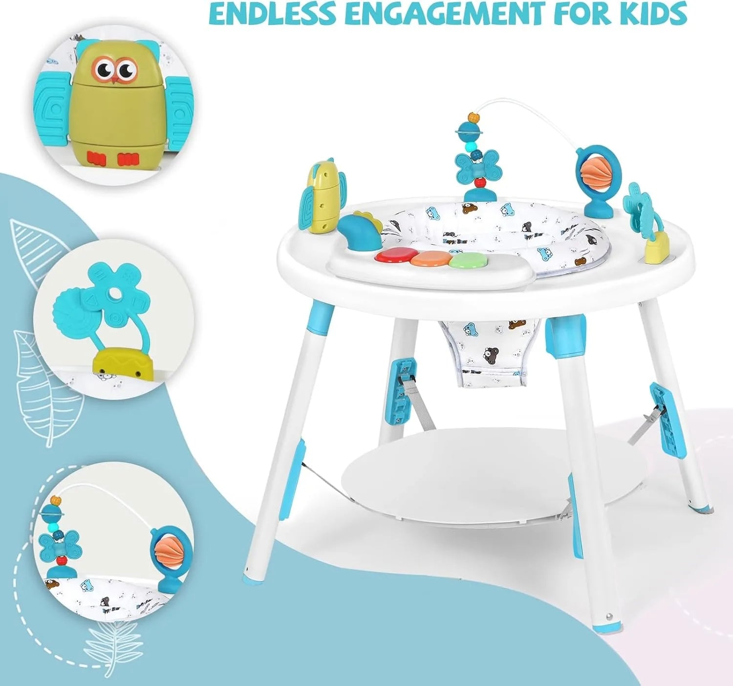 Top view of a 3-in-1 baby jumper with 360-degree rotating seat and various interactive play elements