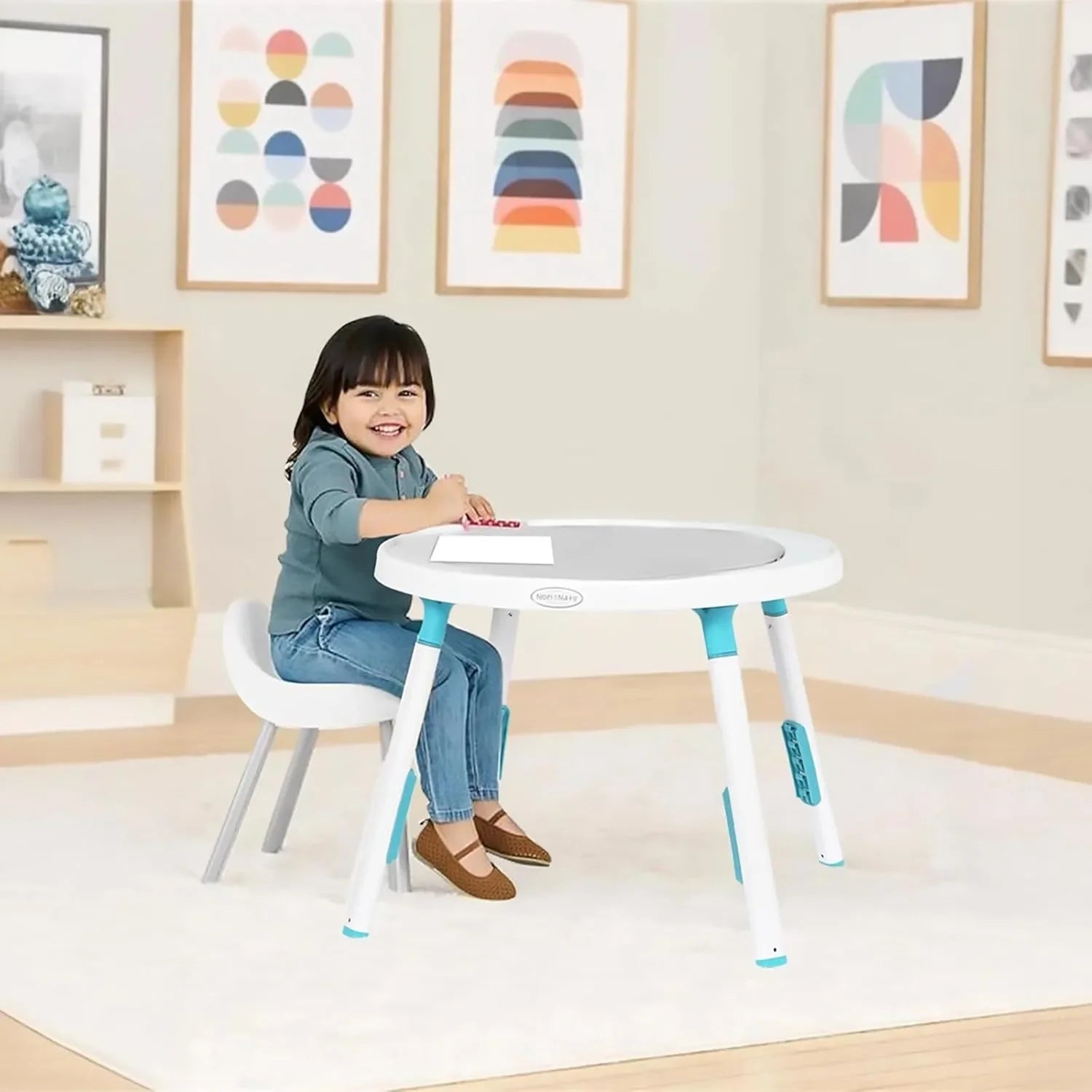Happy infant playing in a safe 3-in-1 baby jumper & activity table with engaging toys