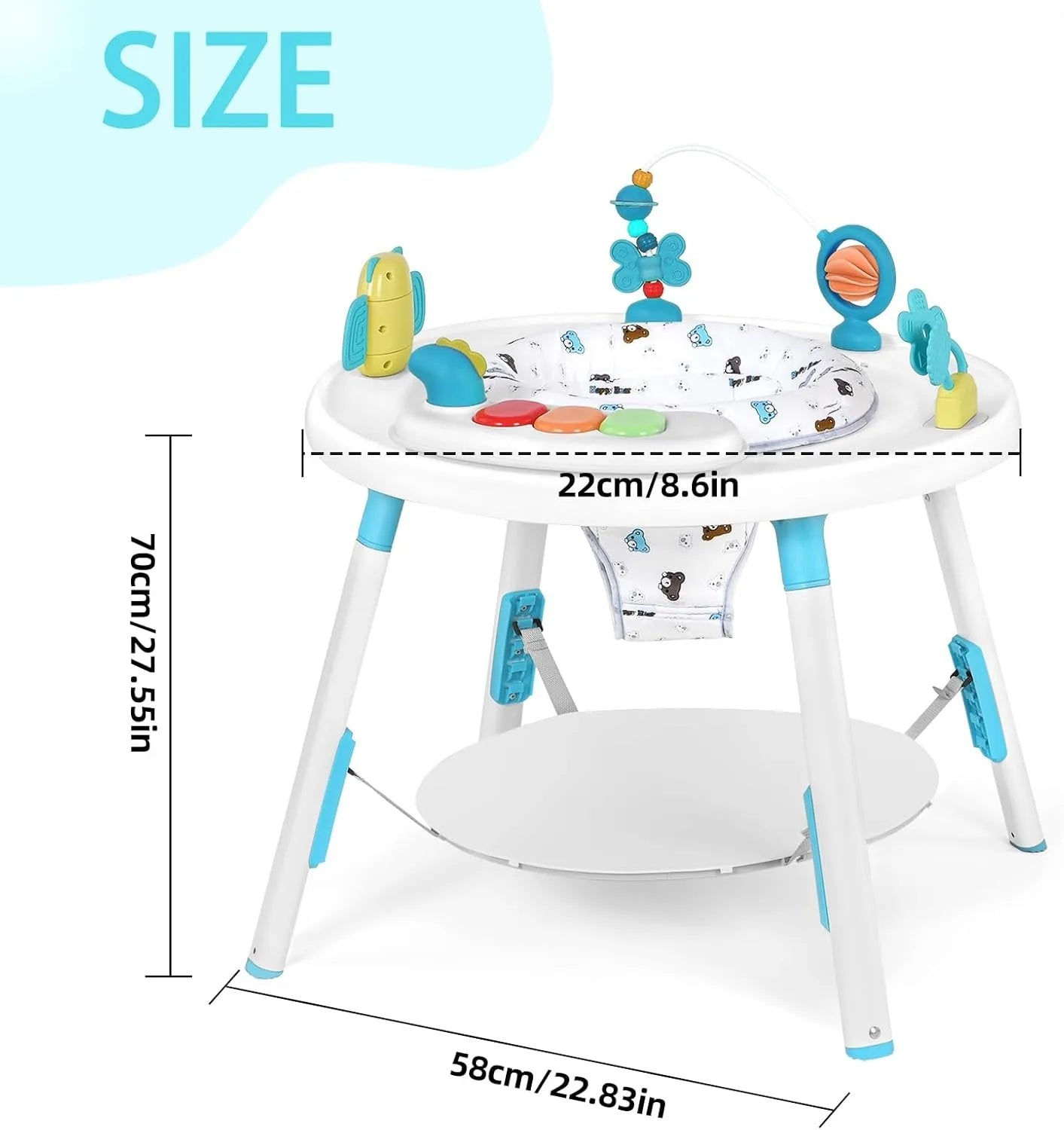 Adjustable height baby jumper and activity center, transforming into a toddler play table, baby gear