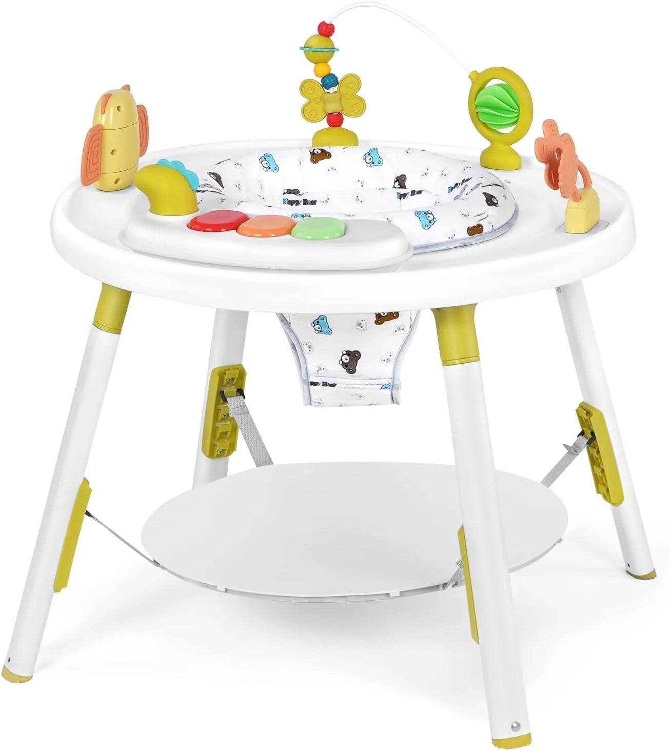 Side view of the 3-in-1 baby jumper & activity table showcasing its sturdy design and infant entertainment