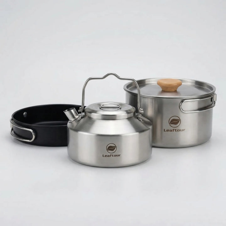Compact 3-piece nonstick camping cook set for backpacking. Includes pot, pan, & lid for outdoor meals.